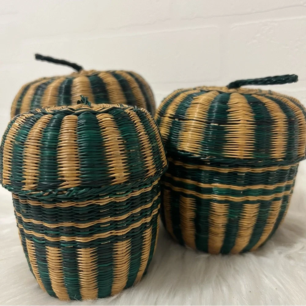 Vintage Bohemian Retro Cottagecore Rustic Striped Woven 3 Nesting Baskets